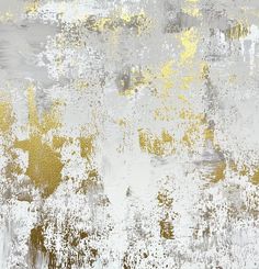 an abstract painting with yellow and grey colors on it's surface, including paint chippings