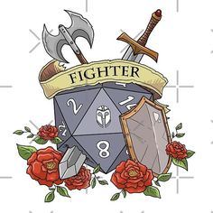 an image of a dice with two swords on it and roses in the foreground