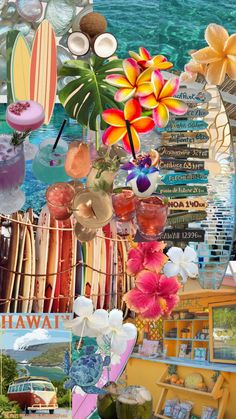 a collage of surfboards, flowers, and other items is featured in this image