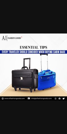 two pieces of luggage sitting next to each other on top of a black background with the words essential tips every traveler should consider when buying cabin bags