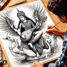 Saraswati Drawing Art, Maa Saraswati Drawing Sketch, God Pencil Sketch, Saraswati Sketch, Saraswati Devi Drawing, Saraswati Maa Drawing, Maa Saraswati Drawing, Saraswati Drawing, Art Books For Kids