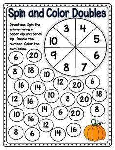 the spin and color doubles worksheet for numbers 1 - 10 with pumpkins