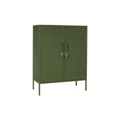 a green metal cabinet with two doors