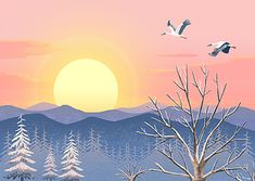 a painting of birds flying in the sky over snow covered trees and mountains at sunset