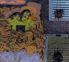 a drawing of two children sleeping on a bed with spider webs in the background