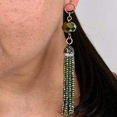 Green Bun Tassel Earring on Post Bohemian Green Beaded Tassel Earrings, Green Tassel Beaded Drop Earrings, Green Tassel Earrings With Round Beads, Elegant Green Beaded Tassel Earrings, Green Tassel Dangle Chandelier Earrings, Tassel Earrings, Tassels, Jewelry Design, Green