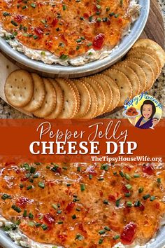 The photo shows a cheese dip with pepper jelly on top in a bowl with crackers surrounding for dipping. The brightly colored banner displays the name of the recipe, "Pepper Jelly Cheese Dip." Pepper Jelly Cheese Dip, Pepper Jelly Recipes, Appetizers Easy Finger Food, Best Appetizer Recipes, Dip Recipes Easy, Pepper Jelly, Jelly Recipes, Pepper Jack Cheese