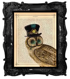 an owl with a top hat and glasses on it's head sitting in front of a book page