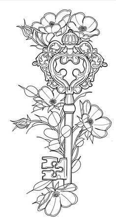 a drawing of a key with flowers in the middle and an inscription that says love on it