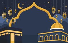 an illustration of a mosque with lanterns hanging from it's roof and the moon in the sky