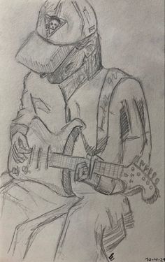 a drawing of a man with a hat and guitar in his hands, playing the guitar