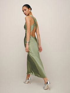 Casette Silk Dress - Sleeveless Midi | Reformation Chic Silk Evening Dress With Cowl Back, Silk Backless Slip Dress For Date Night, Silk Dress With Bias Cut And Cowl Back, Chic Silk Satin Dress With Cowl Back, Green Silk Evening Slip Dress, Chic Satin Dress With Cowl Back, Green Silk Slip Dress For Evening, Silk Slip Dress With Satin Finish And Backless Design, Silk Slip Dress With Cowl Back For Formal Occasions