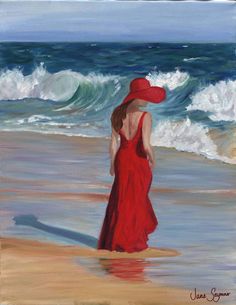 a painting of a woman in a red dress standing on the beach looking out at the ocean