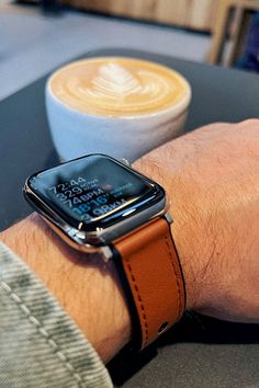 A great all-round accessory for the busy gent! A sleek, comfortable and sweat-resistant silicone lining hand stitched beneath a rich brown leather finish. Perfect for your early workout and your morning cappuccino. Get yours from our store! #AppleWatch #Mens #Styling #Leather #Coffee #Cappuccino #CoffeeArt Early Workout, Leather Apple Watch Strap, Watch Leather Strap, Coffee Cappuccino, Apple Watch Leather Strap, Apple Watch Leather, Leather Finish, Apple Watch Strap, Mens Luxury