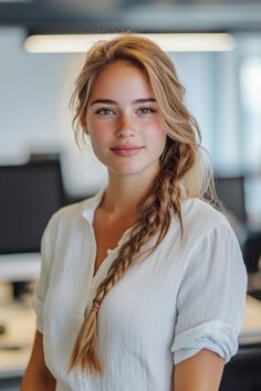 a woman with long hair standing in an office