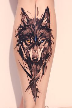 a woman's thigh with a tattoo of a wolf and arrows on the side