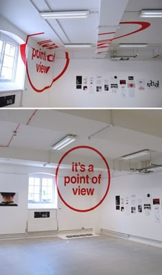 two pictures of the inside of a room with red and white signs on the walls