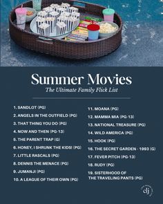 the ultimate family movie list for summer movies on a wicker tray with drinks and snacks