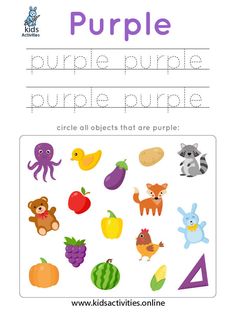 the purple printable worksheet for children to learn how to write and color