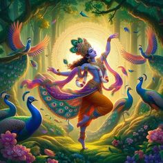 a painting of a woman dancing in the woods with peacocks around her and birds surrounding her