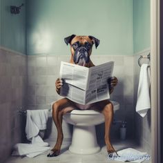 a dog sitting on top of a toilet while reading a newspaper with his paws up