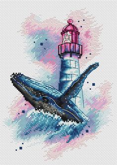 a cross stitch picture of a whale and a light house in the ocean with water splashing around it