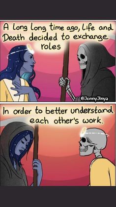 an image of two cartoon comics with one skeleton holding a pole and the other is looking at