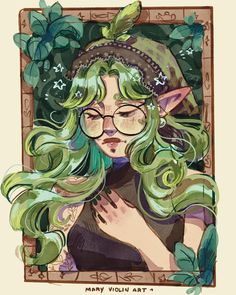 a drawing of a woman with green hair and glasses