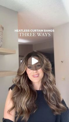 SARA STRUEBY on Instagram: "Heatless curtain bang tricks for my besties 🤝  #heatlesscurls #hairtutorial #heatlesshair #unicornheatlesscurls #healthyhair" Heartless Curls With Curtain Bangs, Heartless Curls Curtain Bangs, Heatless Bangs Styling, Heatless Curtain Bangs, How To Curl Curtain Bangs, Heartless Curls, Flexi Rods, Heatless Hairstyles