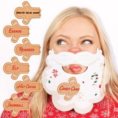 a woman wearing a santa clause mask with gingerbread cookies around her face and the words candy cane on it