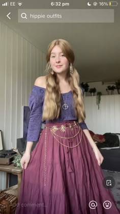 Beltane Outfit Ideas, Purple Ren Faire Outfit, Purple Cottagecore Outfit, Purple Hippie Outfit, Earthy Cottagecore Outfits, Purple Hippie Aesthetic, Beltane Outfit, Wiccan Outfits, Hobbit Outfit