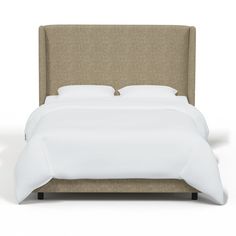 a bed with white sheets and pillows on top of it's headboard, against a white background