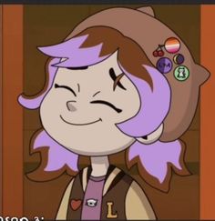 a cartoon character with purple hair and an expression on her face