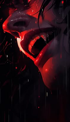 a woman with her mouth open and blood dripping all over the face, on a black background