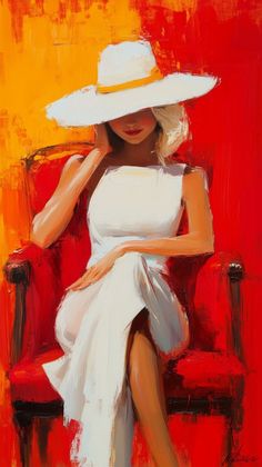 a painting of a woman in a white dress and hat sitting on a red chair