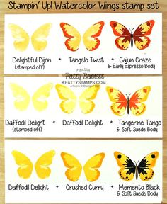 four different butterflies are shown with the words stampin'up watercolor wings stamp set