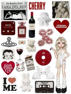 a collage of various stickers and items from the album i love me by lady del ray