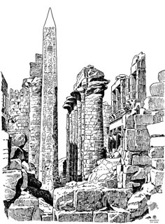 an ink drawing of the egyptian city of philaeon, with obelis and other ruins