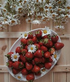 strawberries and daisies in a bowl on a table