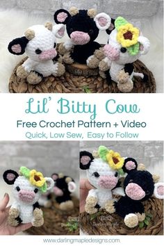 crochet pattern - lil'butty cow with flower on its head sitting in a basket