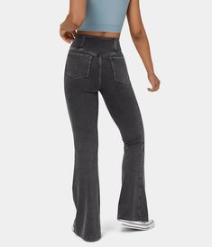 Discover Women’s Halara Flex™ High Waisted Crossover Pocket Cool Touch Washed Stretchy Knit Casual Super Flare Jeans at Halara, Crowd-Approved Affordable Choices Made For What Moves You. Super Flare Jeans, High Waisted Flare Jeans, Knit Denim, Flared Trousers, Bleach Wash, Leggings Casual, Flare Trousers, Floral Pants, Joggers Womens