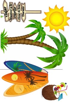 an image of a beach scene with surfboards and palm trees