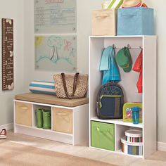 a child's room with toys and storage