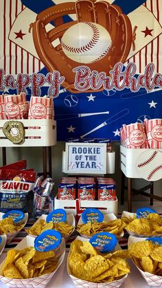 a baseball themed birthday party with food and snacks