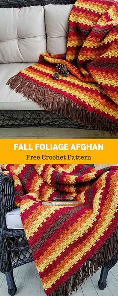 two pictures of a couch with a blanket on it and the text fall folige afghan free crochet pattern