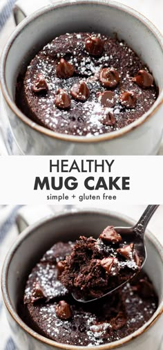 chocolate mug cake in a white bowl with spoon