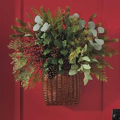 Christmas Basket Door Hanger Grandin Road Christmas, Vintage Display Ideas, Basket Door Hanger, Door Baskets, Trendy Christmas Decor, Front Door Baskets, Basket Arrangement, Christmas Diy Ideas, Christmas Front Door