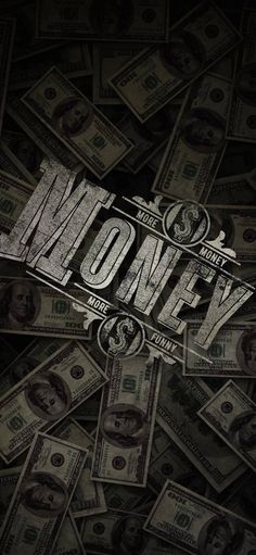 money is falling down into the air in front of a black background with white letters