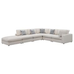 Serene 6-piece Upholstered Modular Sectional Beige by Coaster  Covered in a linen-like fabric all around, this super comfy six-piece sectional offers all the seating you need in an open concept living room or entertainment area. Designed with three armless chairs, two corner chairs and a single oversized ottoman, this contemporary modular sectional offers reversible pillows and jacquard accent pillows that you can really sink into. Black feet peer from beneath, offering a slight elevation for ru Sectional With Chaise Open Concept, Open Concept Accent Chairs, Concept Living Room, Sectional Sofa Beige, Beige Sectional, Corner Chairs, Oversized Ottoman, Contemporary Sectional, Open Concept Living Room