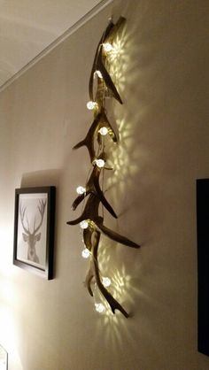 some lights are hanging on the wall in a room with deer heads and antlers